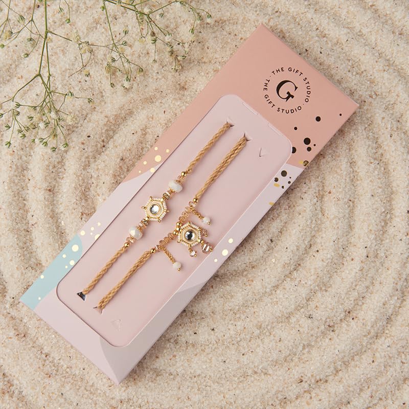 Image of THE GIFT STUDIO.COM | Meenakari White & Gold Bhaiya Bhabhi Rakhi Set | Designer Rakhi Combo | Raksha Bandhan Special
