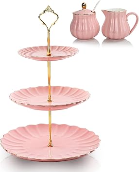 Sweejar 3 Tier Ceramic Cake Stand Wedding، Dessert Cupcake Stand لطبق تقديم حفلة الشاي مع مجموعة سكر السيراميك والمقشدة