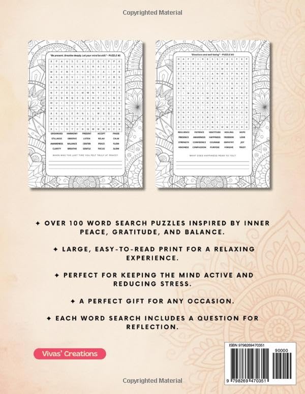 Mindfulness Word Search: Book for Adults. 100 calming puzzles + 2000 words - Reflections for Relaxation and Peace of Mind - Each Word Search includes a question for reflection. image 3