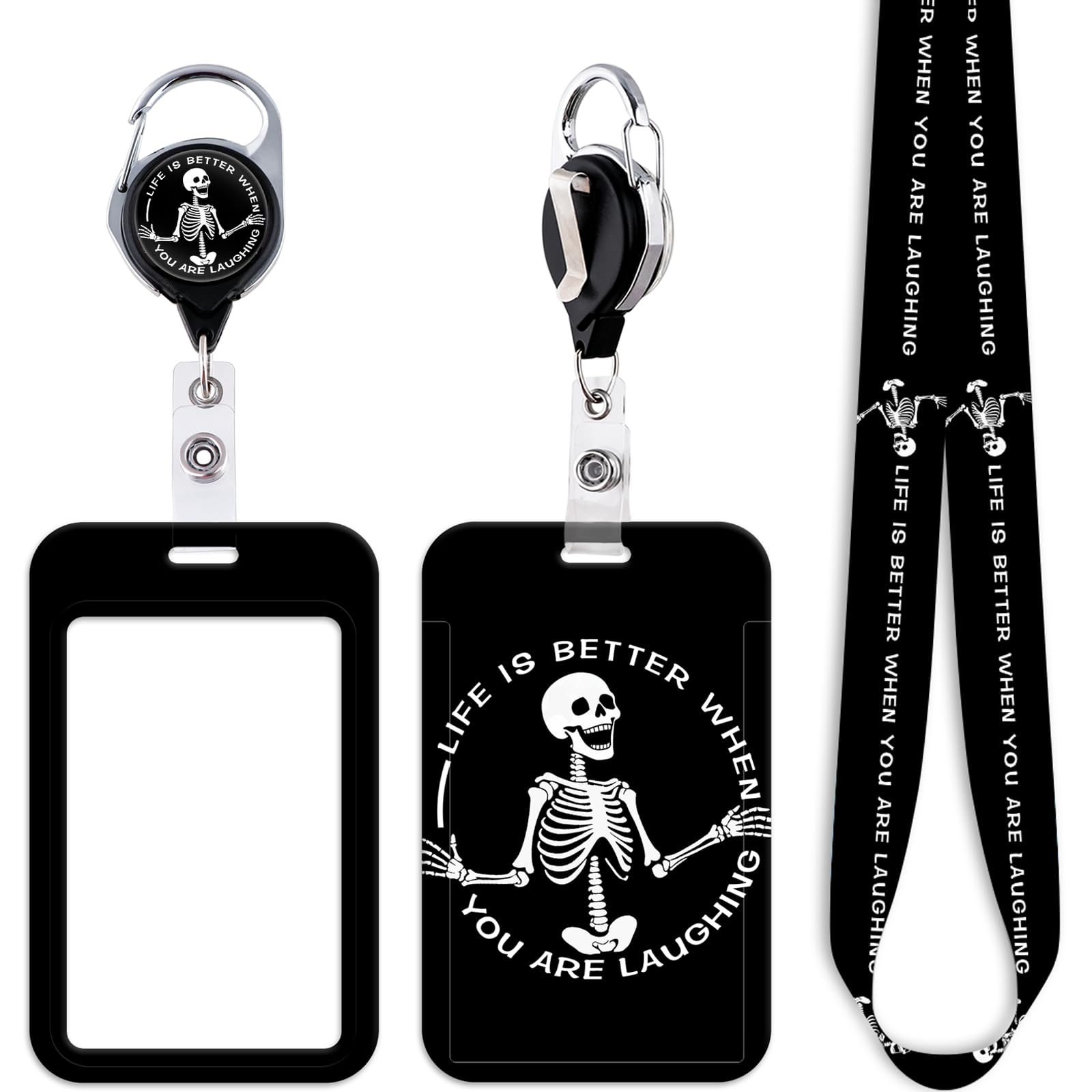 Cool Skull Skeleton ID Lanyard Card Holder & Retractable Badge Reel Clip Cute Neck Lanyard for Keys ID Badges for Men Women Kids Teens Teachers Cute Funny Work Keychain Retractable Badge Holder Reel — image 1