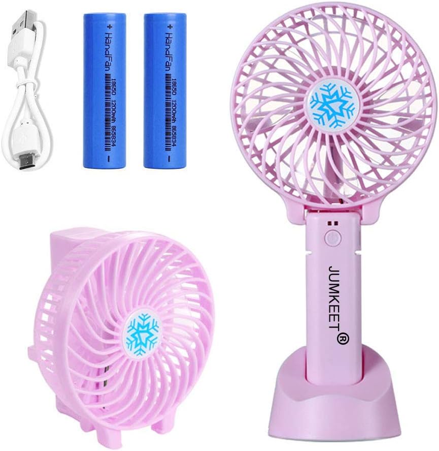 JUMKEET Mini Handheld Portable Fan, Personal USB Fan Rechargeable Battery Operated, Desk Table Fan with Base Cooling Electric Sport Fan 3 Speeds for Home Travel Office Room Outdoor Desktop (Pink)