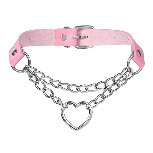 FM FM42 PU Simulated Leather Gothic Punk Black-tone Silver-tone Heart Ring Cuban Curb Link Chain Adjustable Neckband Collar Choker - Silver-tone, Pink