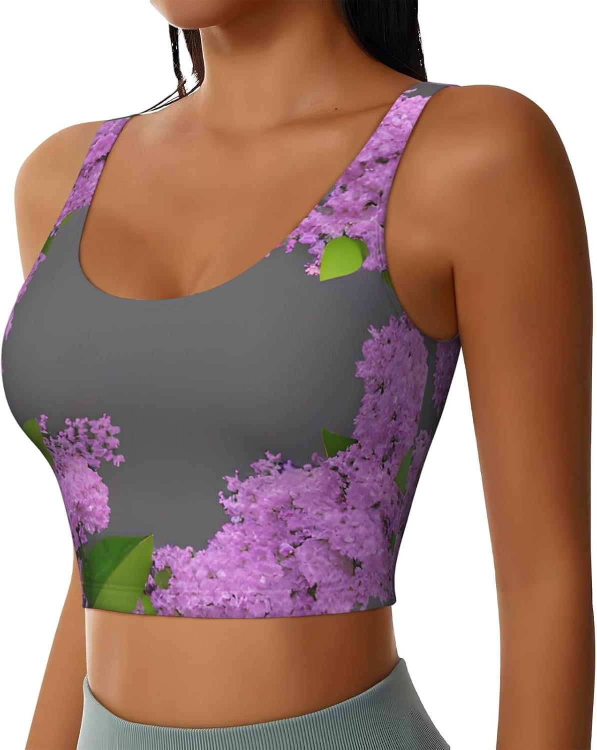 Framing Lilac Flowers in Blossom Print High Impact Sports Bras,Longline Sports Bra,Perfect for Yoga,Running and Gym Workouts