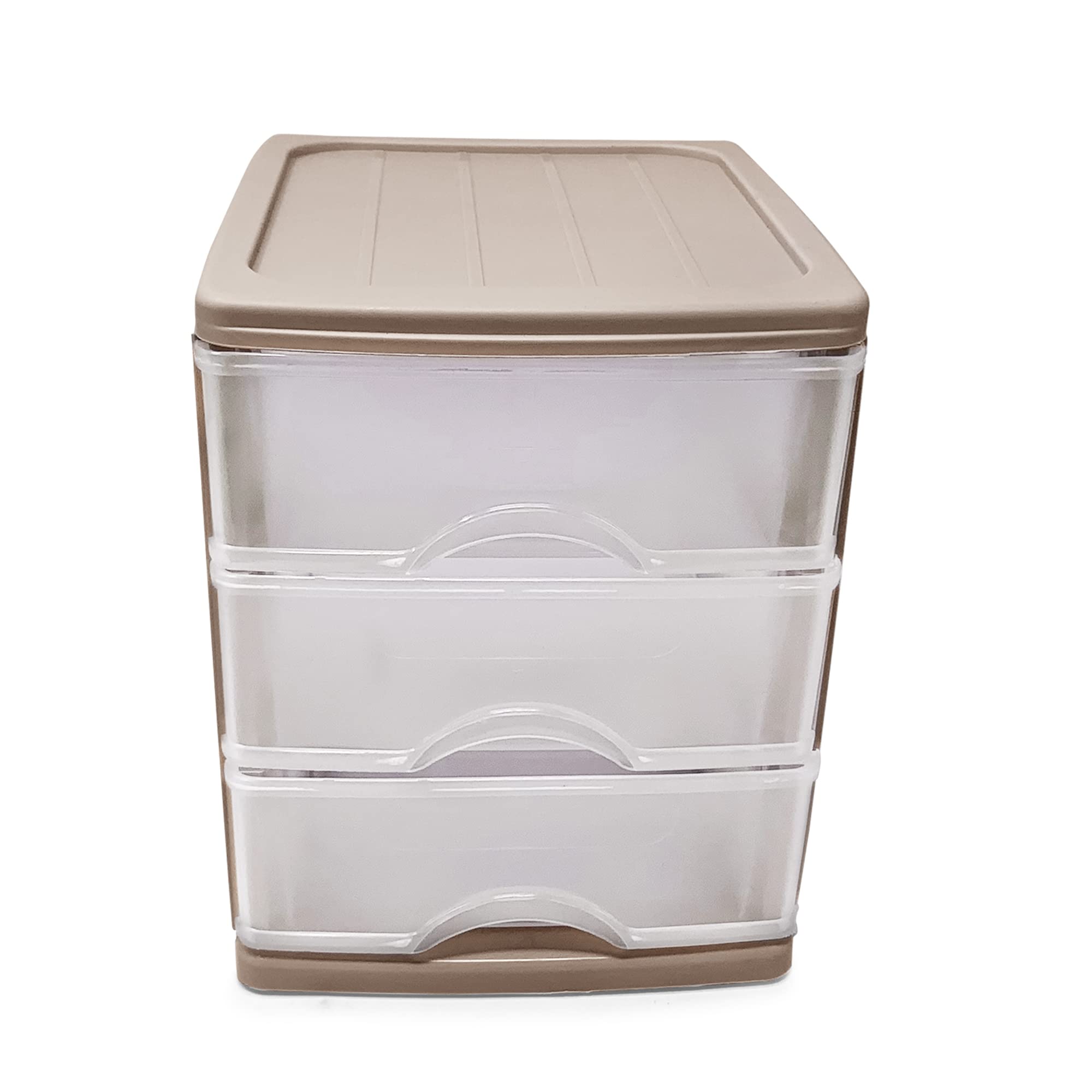 Plastic Desktop Storage Unit with Drawers, Stationary Arts Drawer Desktop Tabletop Organiser Storage Tower Unit for Office Bedroom Garage ((17 x 13.5 x 17cm, Taupe with 3 Clear Drawers)) — view 9