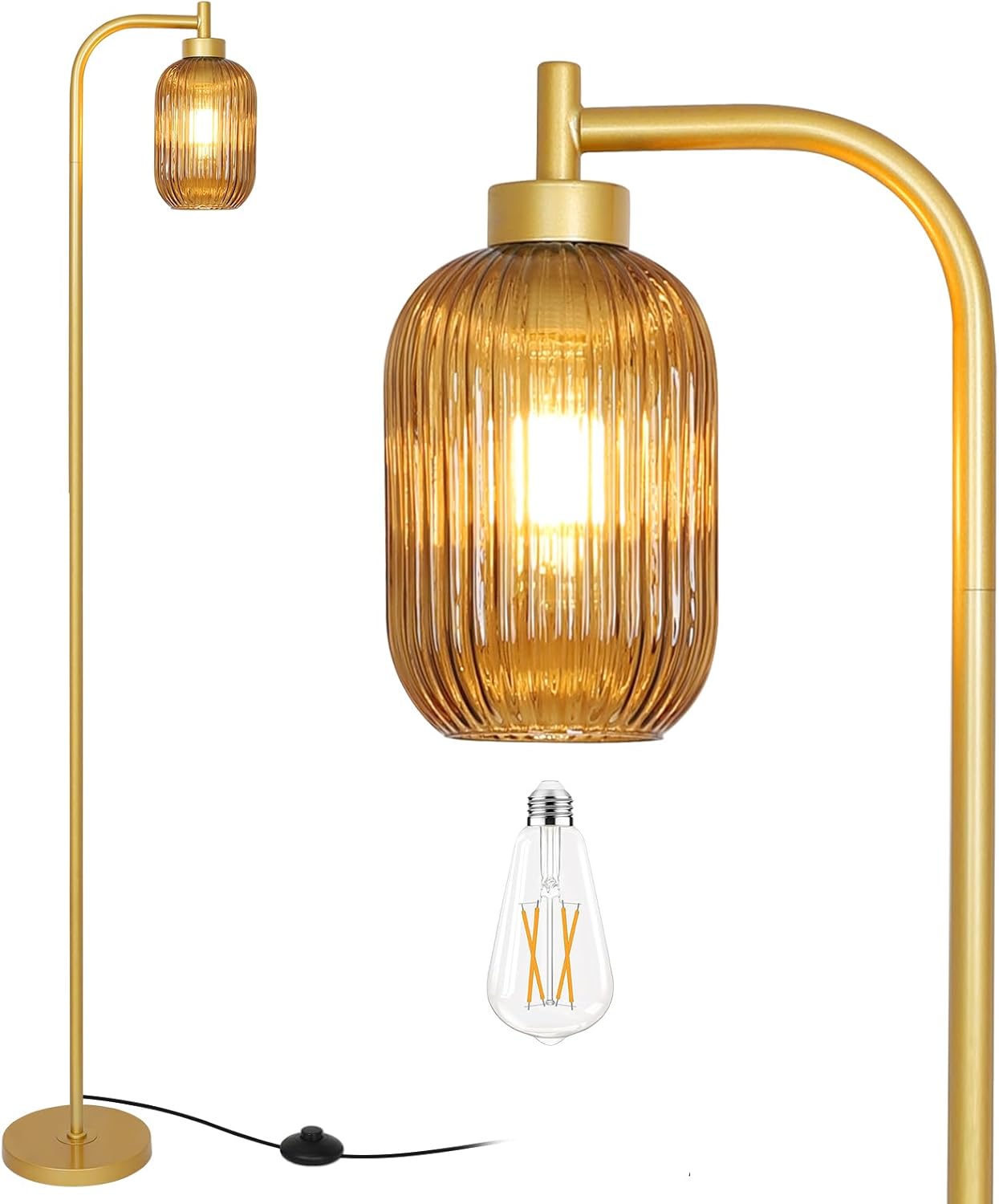 Glass Floor Lamps for Living Room, Vintage Gold Standing Lamp with LED Bulb, Amber Stripe Glass Shade, Foot Switch, Mid Century Modern Brass Tall Corner Lamp for Bedroom Office Reading Room