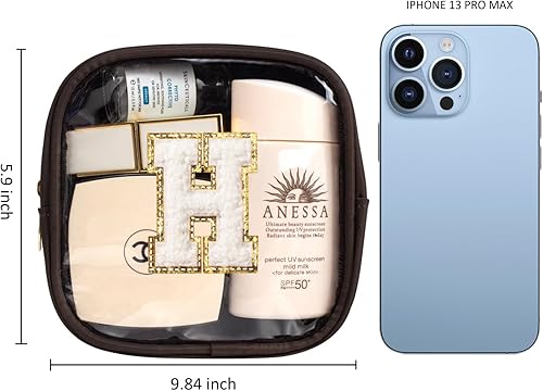 Miniatura 5 de Pequeña bolsa de maquillaje transparente con letra inicial personalizada, bolsa de maquillaje de nailon con parche preppy de chenilla, letra A-Z,
