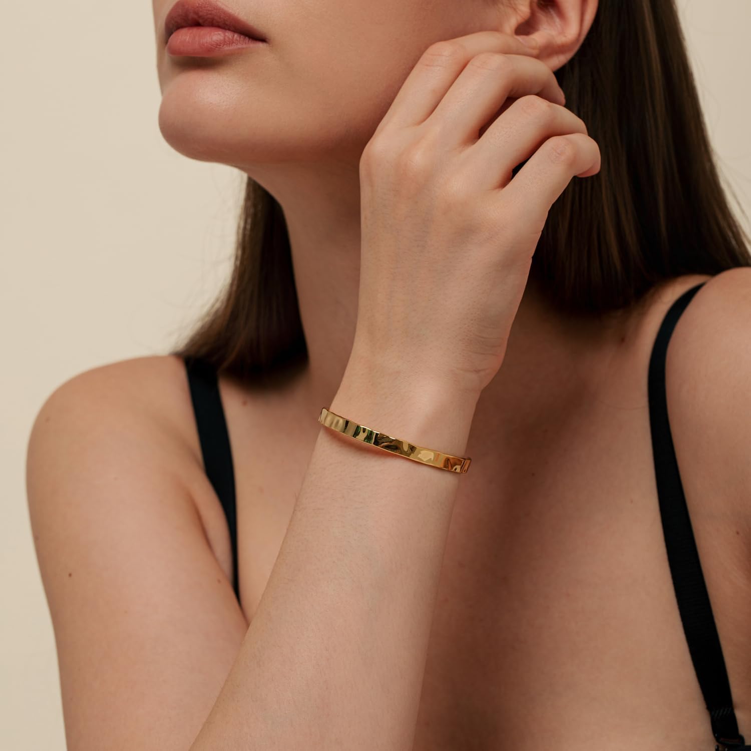 Classic Hammered Cuff Bangle for Women 18k Gold Plated Vintage Cuff Bracelet Width 2.3inches Non-Tarnish Trendy Jewellery Gift for Girlfriend Mother - Image 4