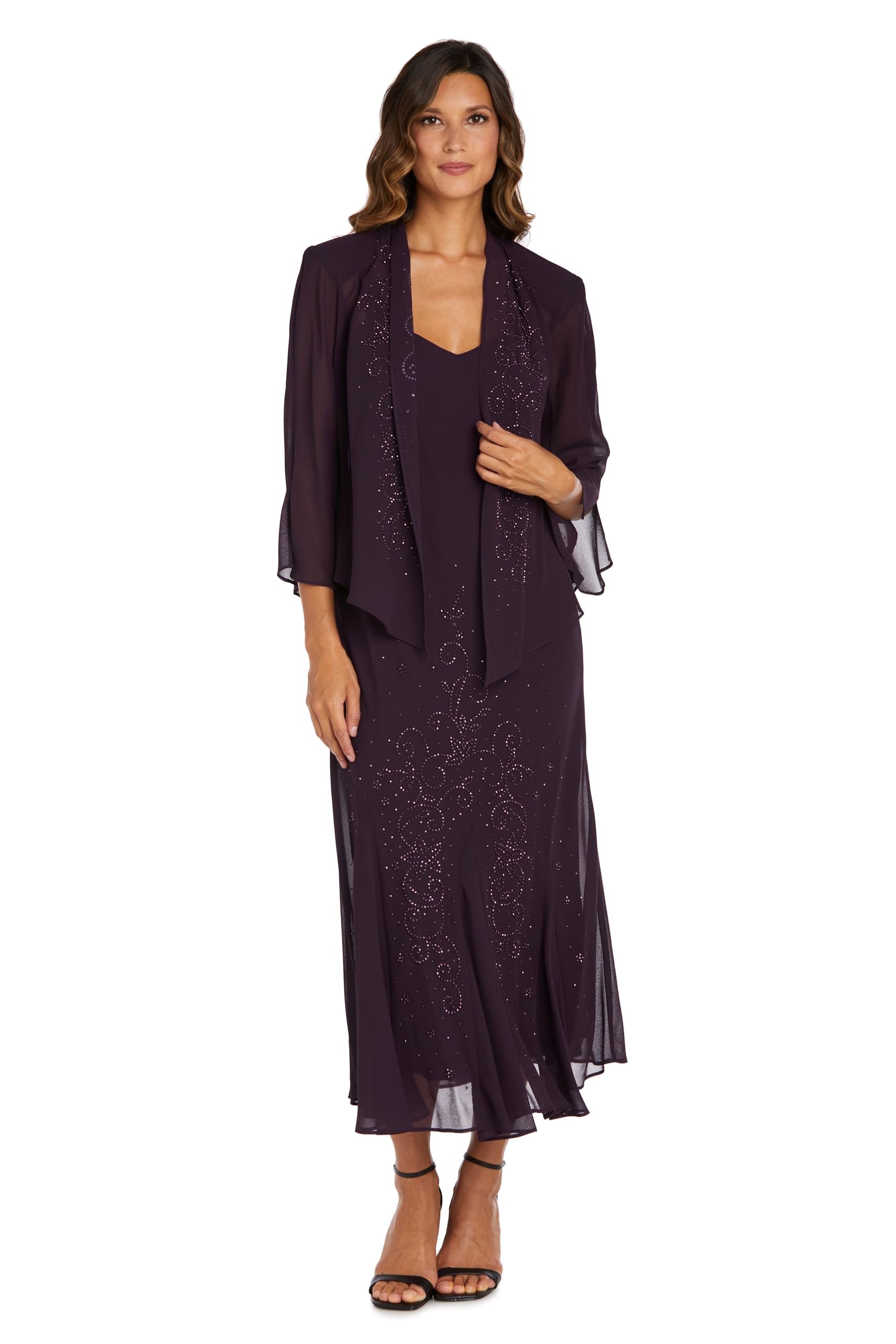 Elegant Beaded Pebble Georgette Mid-Calf Slip Dress W/Matching 3/4 Sleeve Jacket - Two-Piece Set for Formal Events