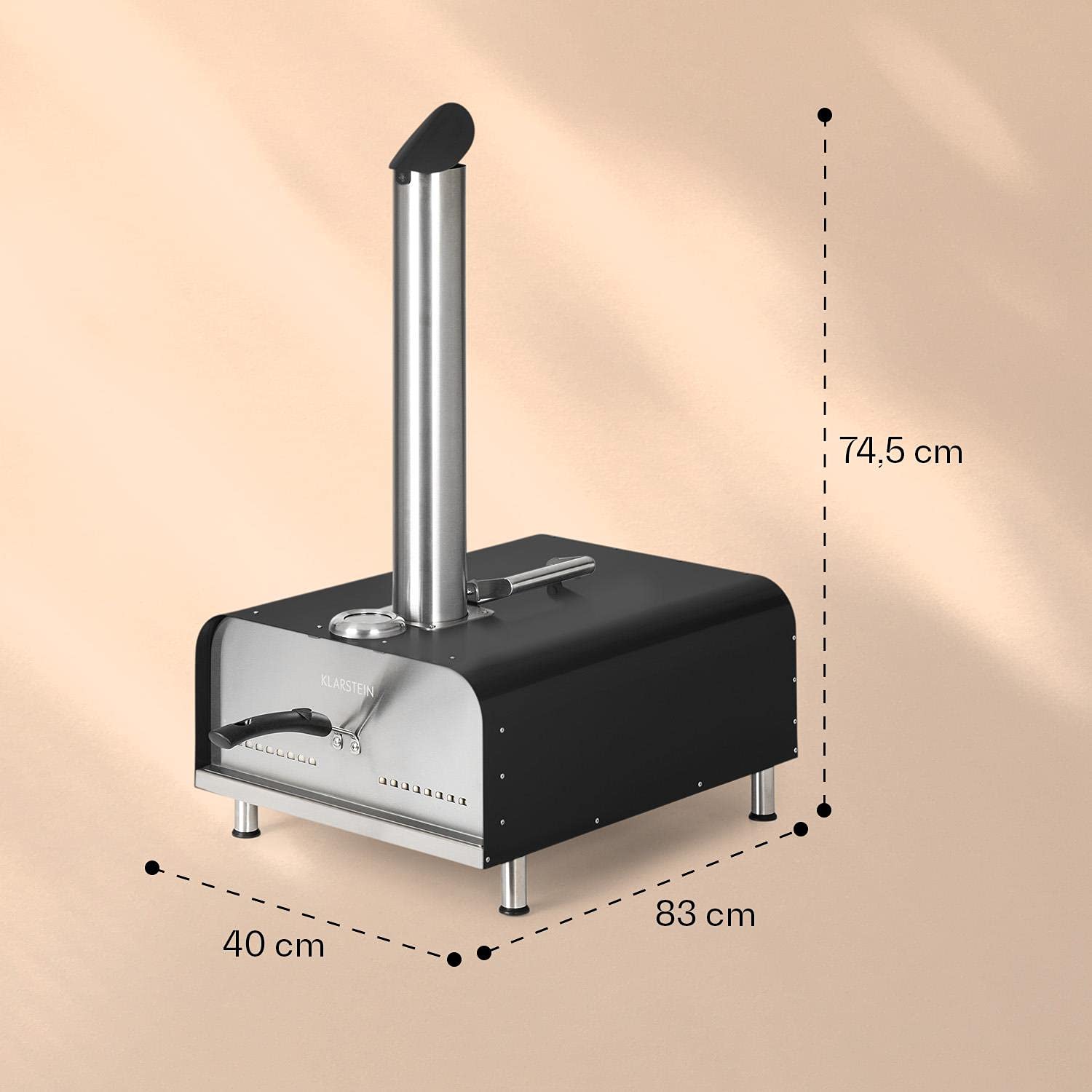 Klarstein Diavolo - Horno de pellets para pizza, Piedra para pizza de 13'' (33 x 33 cm), Termómetro 430 °C, Bandeja de goteo, Empujador, Accesorios carne, Asa plegable, Acero inoxidable, Antracita