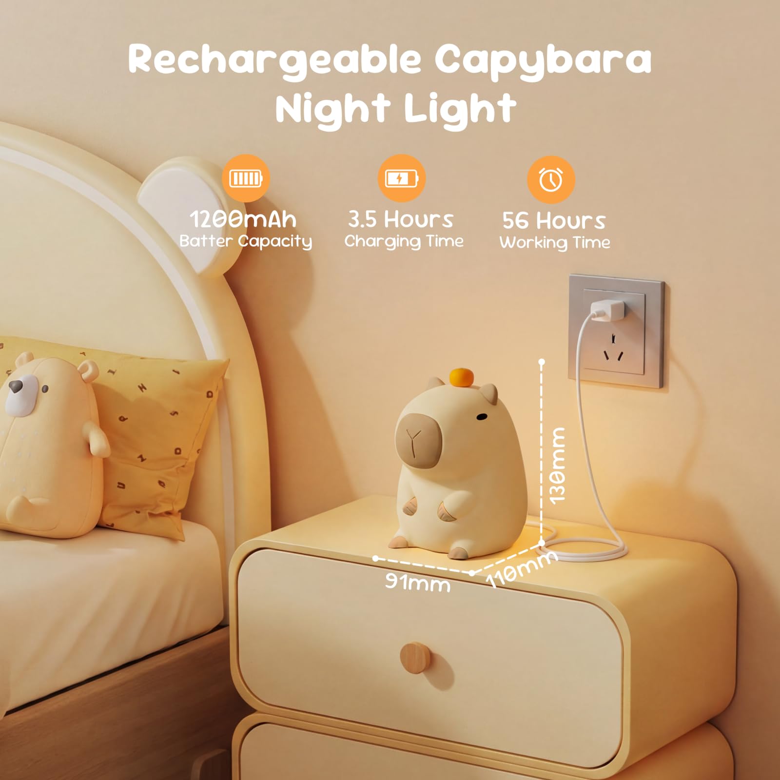 MERTTURM Capybara Lampka Nocna dla Dzieci, Ładowalna Lampa Dotykowa, Miękkie Silikon Bez BPA, Timer 20Min, Bezpieczna Lampka do Pokoju Dziecięcego, Uroczy Prezent