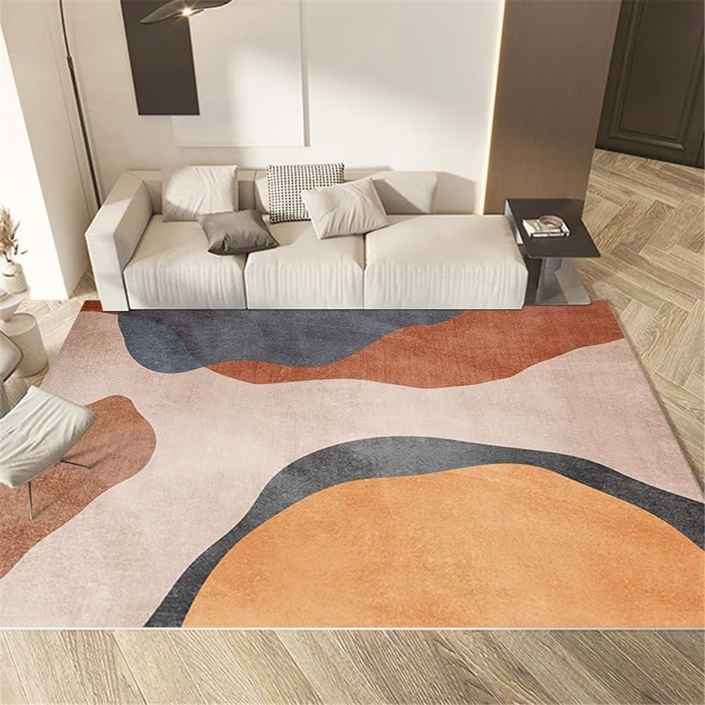 Tapis design salon lavable grand format 140x200 motif abstrait brun moderne