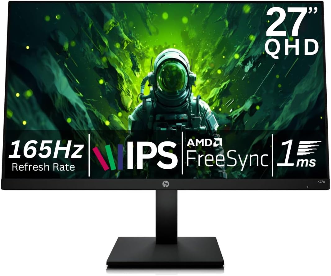 HP X27q 27 Inch QHD Gaming Computer Monitor 165Hz IPS 1ms VESA Mountable AMD Freesync Height Adjust Stand Pivot Rotation for PS4 PS5 Gamer Console Desktop Laptop Flat Display, Black (Renewed)