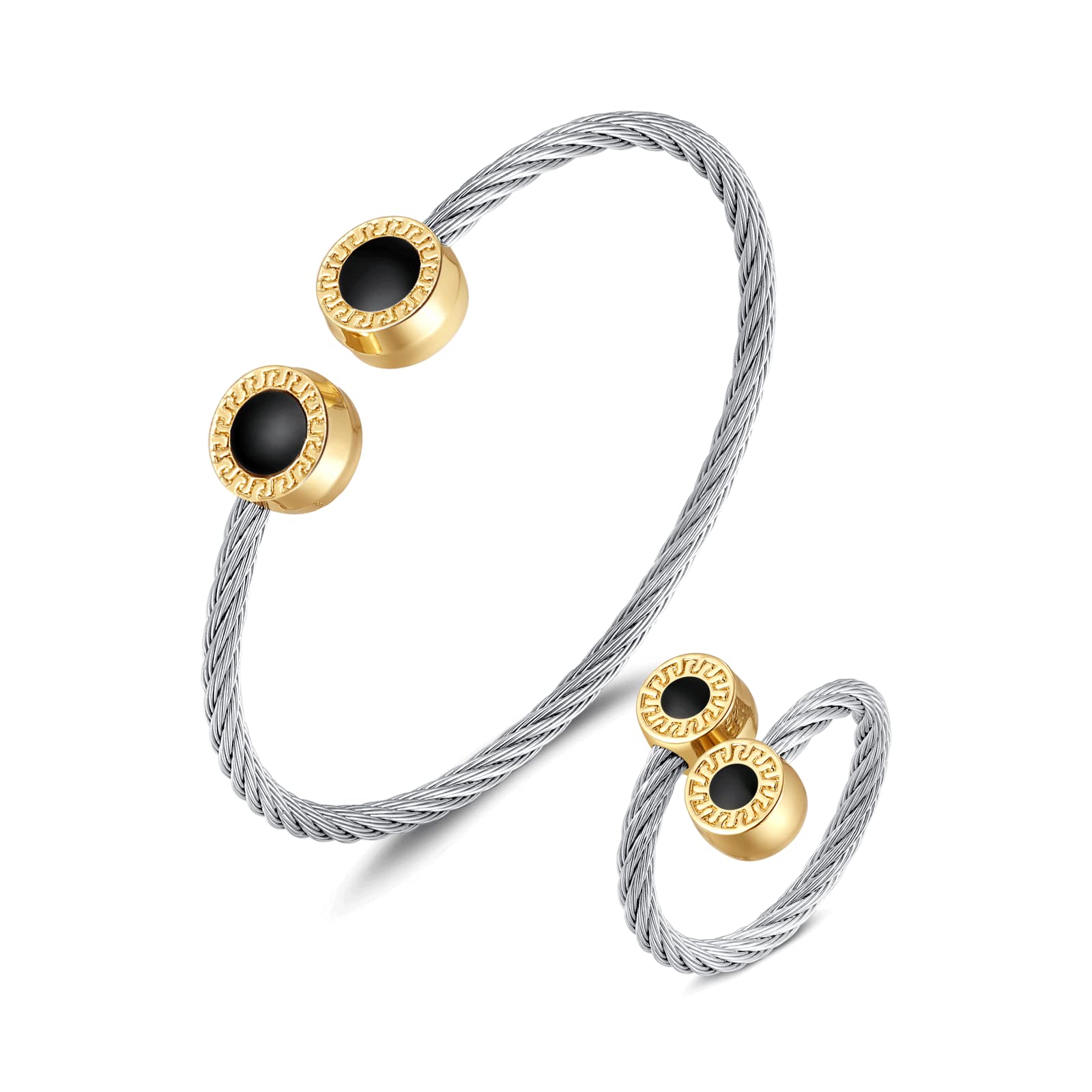 TiyadCable Twisted Wire Bracelet Cuff Bangle Bracelet Cable Ring Set Stylish Fine Stainless Steel Adjustable Open Bracelet Ring Jewelry Set for Women Teens Girls