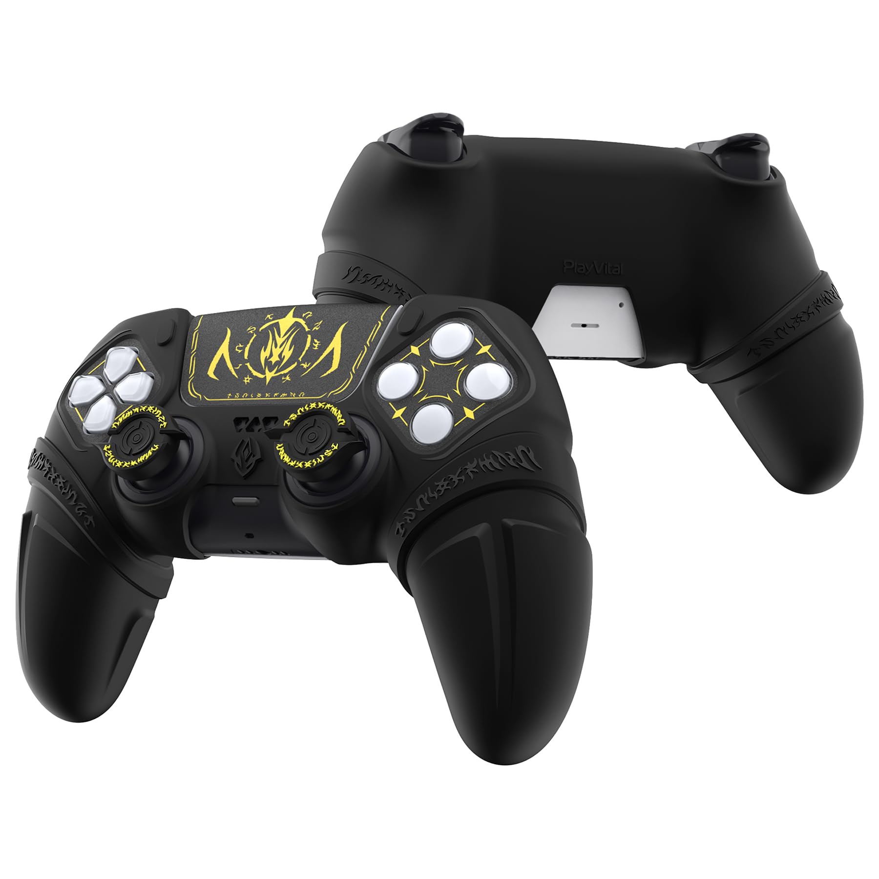 PlayVital Silikonowa Nakładka do ps5 Kontroler z Joystick Caps,Protective Case z Sticker Touchpad i Naklejka na Obszar D-pada kompatybilna ze ps5 Stacją Dokującą-Czarna(Runy Edycja)