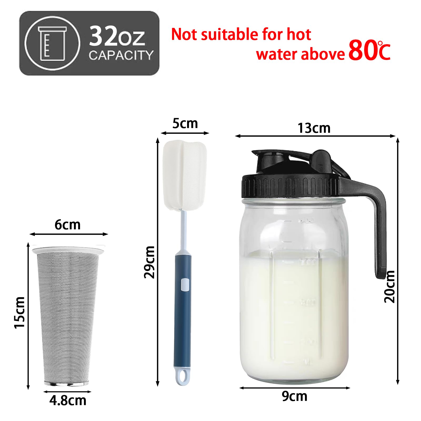 Jarra para cafetera fría – Tarro de vidrio grueso con filtro inoxidable, tapa abatible a prueba de fugas, mango ergonómico para café helado, té, limonada, bebidas caseras (negro, 32 onzas)
