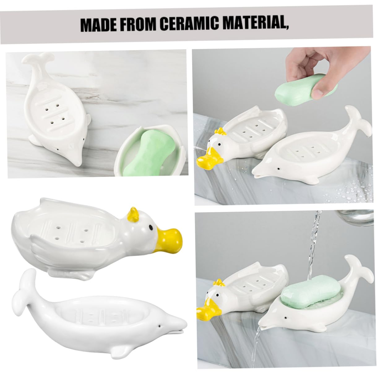 Jabonera Cerámica Autodrenante con Diseño de Animal Marino 2 Piezas Baño
