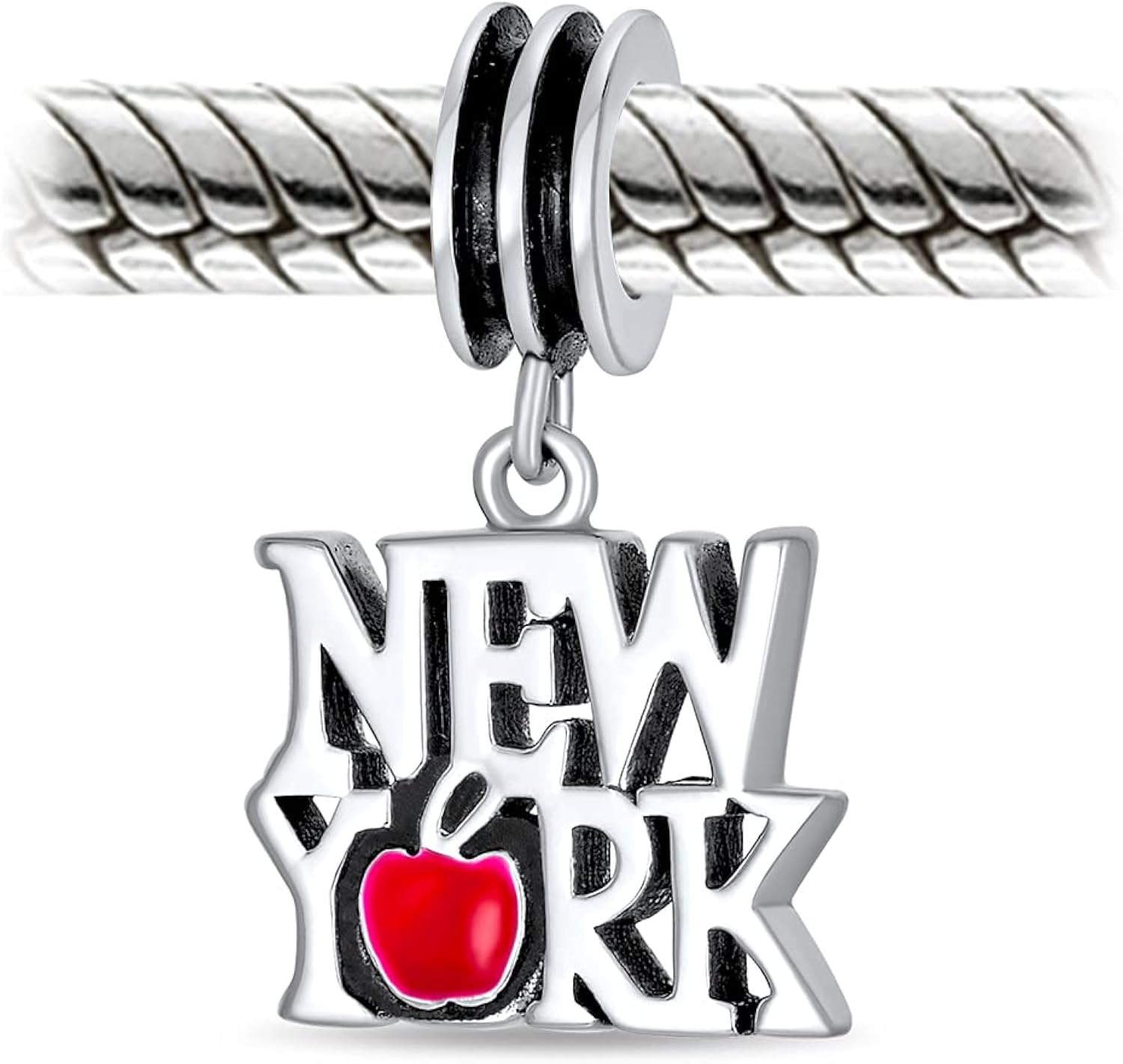 Bling Jewelry Red Big Apple Travel Vacation Tourism Saying I Love New York Dangle Charm Bead For Women For Teen Enamel .925 Sterling Silver Fits European Bracelet - Image 3