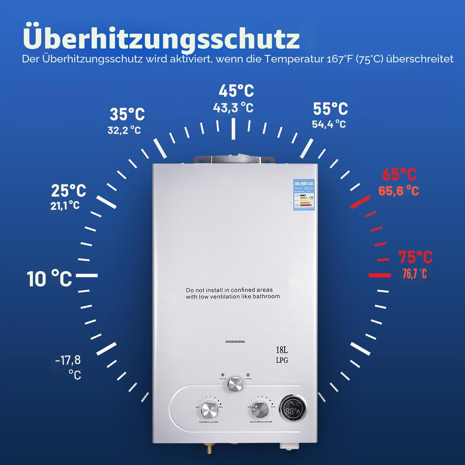 18L Gas Durchlauferhitzer,32KW LPG Propan Warmwasserbereiter Durchlauferhitzer Super Niedrigem 0,5bar Startwasserdruck, für Dusche & Täglichen Gebrauch Campingausflüge Silber