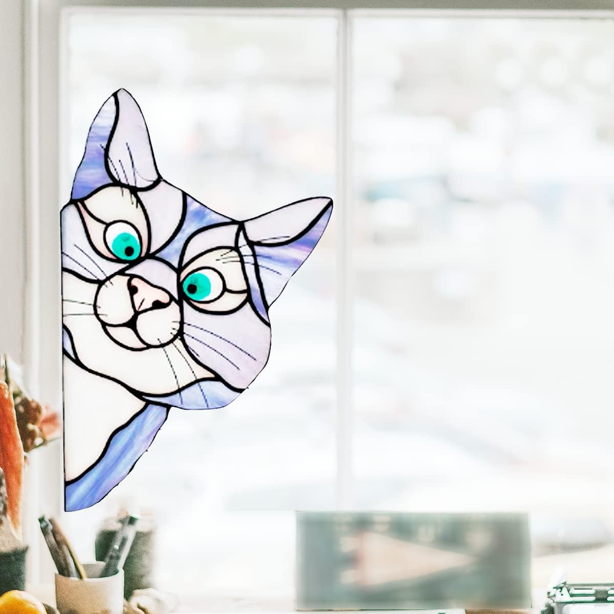 review Handmade Stain Cat Suncatcher for Window - 5 Colors Cats Who Love to Climb Windows The Choice of Cat Lovers Suitable for Hanging on The Windows of StudyLiving Room Bedroom Office (Blue)