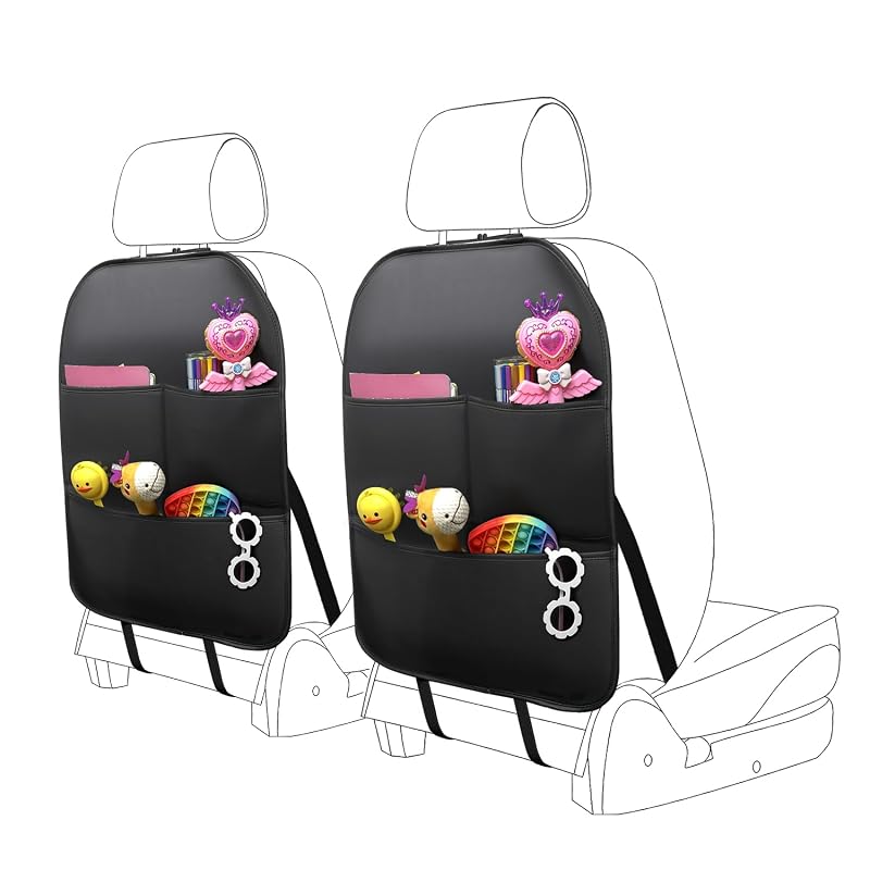 BEITK Capa Protetora para Encosto de Banco Automotivo em Couro Sintético com 3 Bolsos Organizadores Preta, Kit com 2
