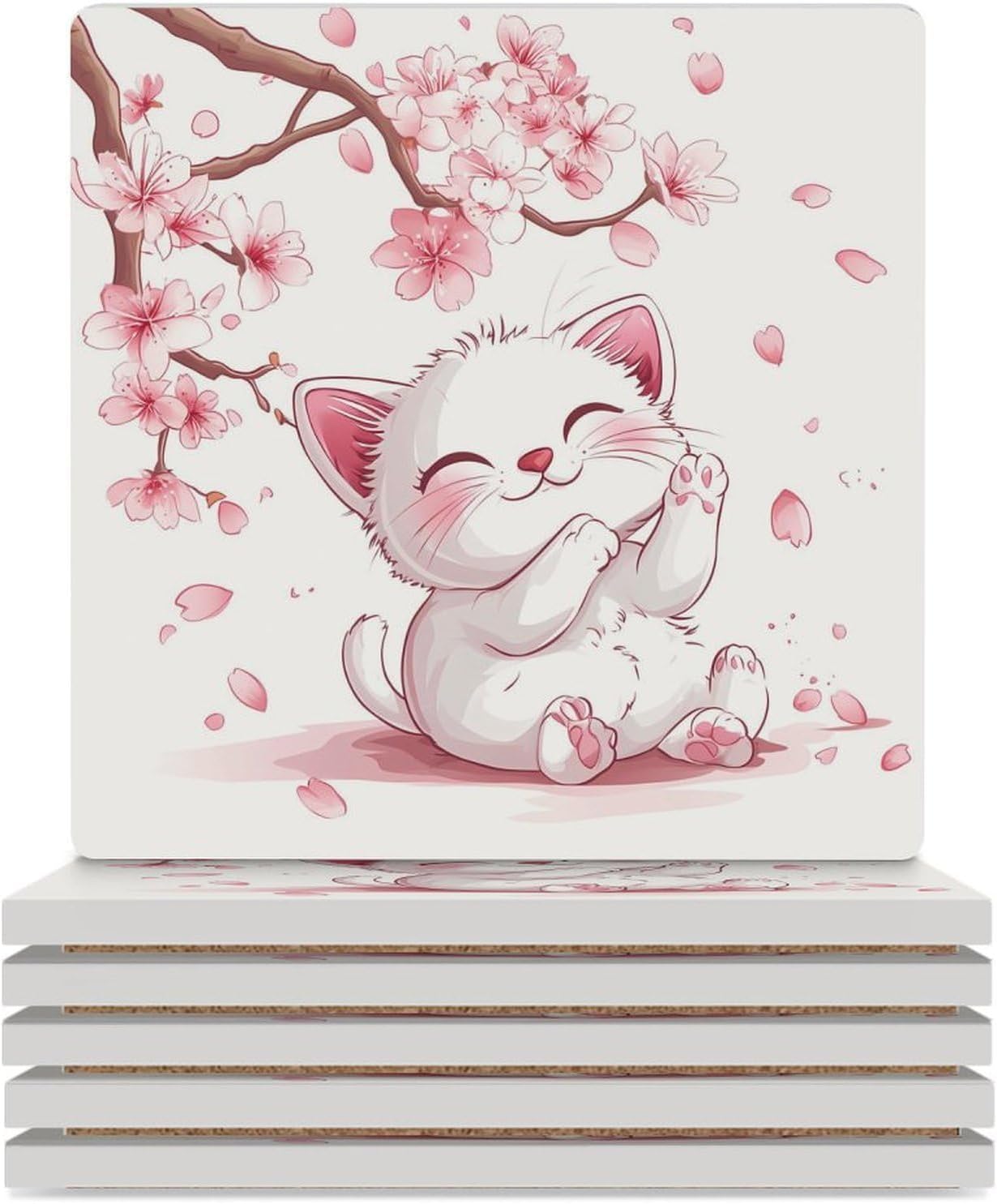 Cute Cat with Cherryflowers Ceramic Coasters Set Square Drink Coasters Table Coaster for Kitchen Desktop Decor