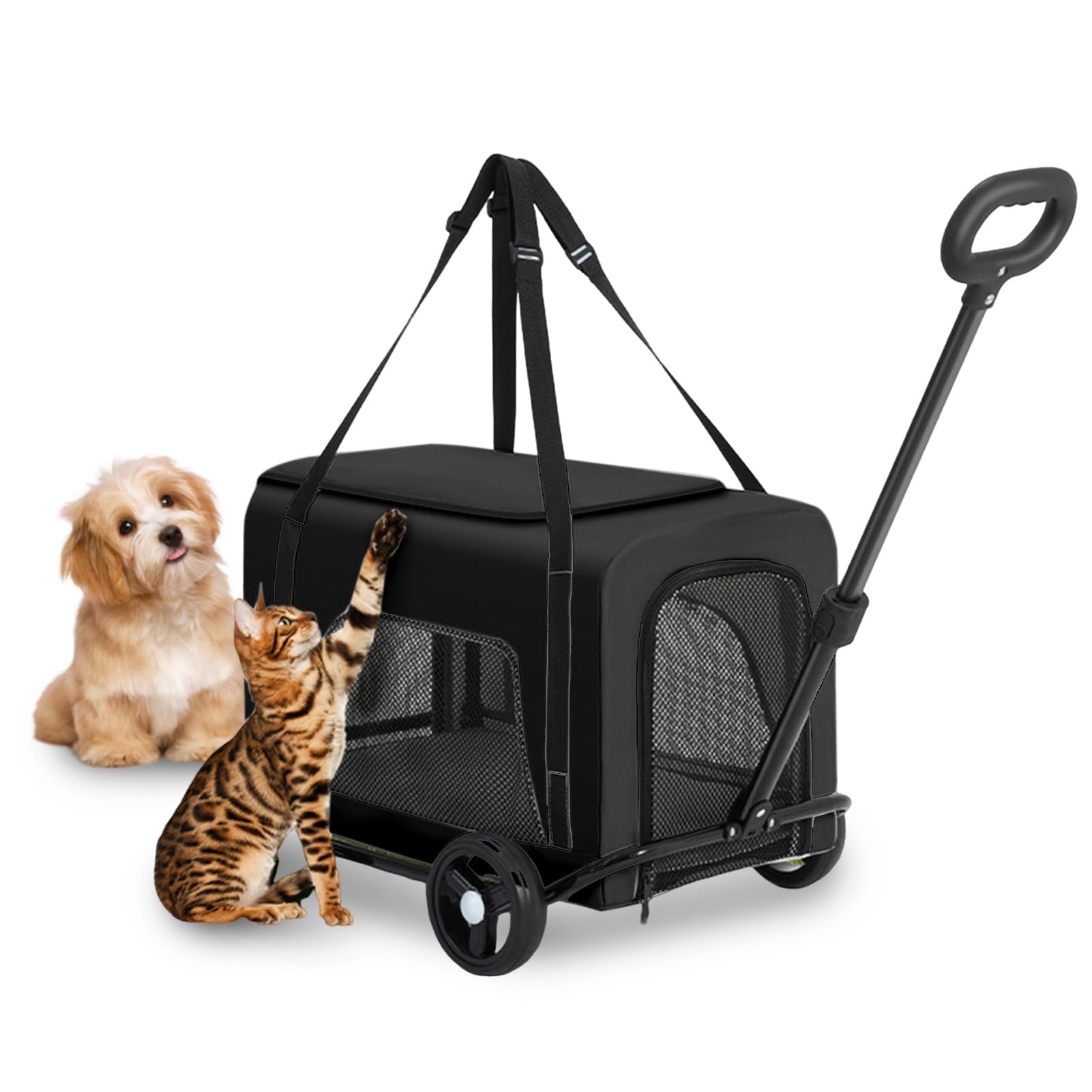 Sxhlseller Transporter dla Psa z Kółkami Wszechstronny i Oddychający Wózek dla Zwierząt Transporter Kota do Podróżowania na Kemping, Metalowa Siatka z Tkaniny Oxford Małych Psów i Kotów (BLACK)
