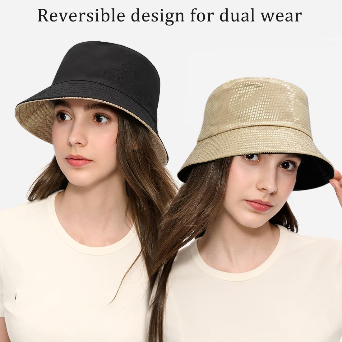 Shiny Metallic Bucket Hat Reversible Beach Fisherman Hats for Women Men - Image 2