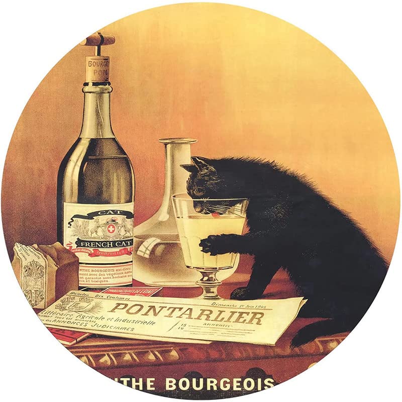 RIFOSA Round Metal Signs Absinthe Bourgeois 1902 French Cat Alcohol Poster Metal Tin Sign Wall Decoration Bar Pub Family Cafe Signs Men Cave For Friends Family Fun Signs 12x12 Inch