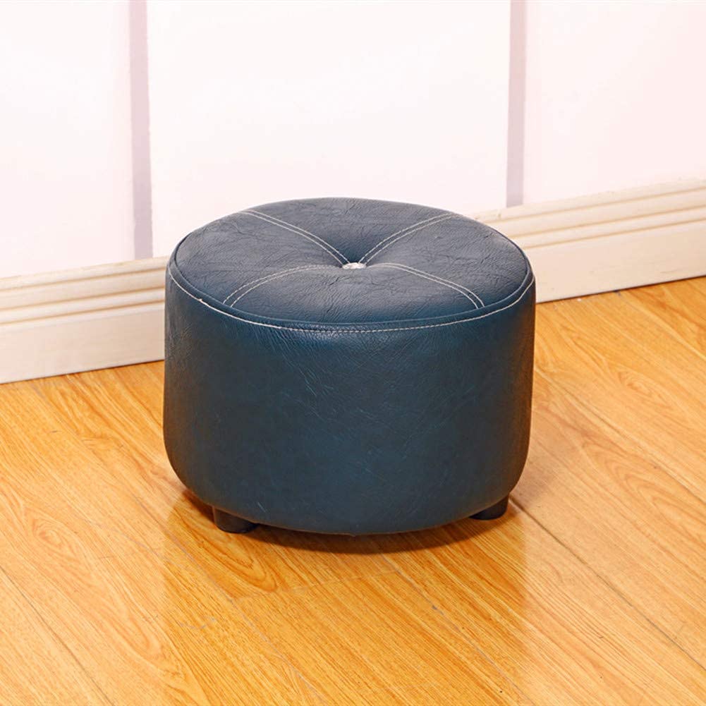Pouf rond en cuir bleu marine 31x31x23cm | Repose-pieds moderne