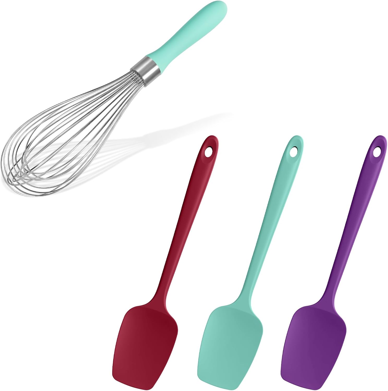 Doosu 600°F Heat Resistant Silicone Spoon Spatula Set of 3 for Scooping Stirring Mixing (Red+Aqua+Purple) & 18/8 Stainless Steel Balloon Whisk Egg Beater with 12 Rust-Proof Sturdy Wires (Aqua Sky)