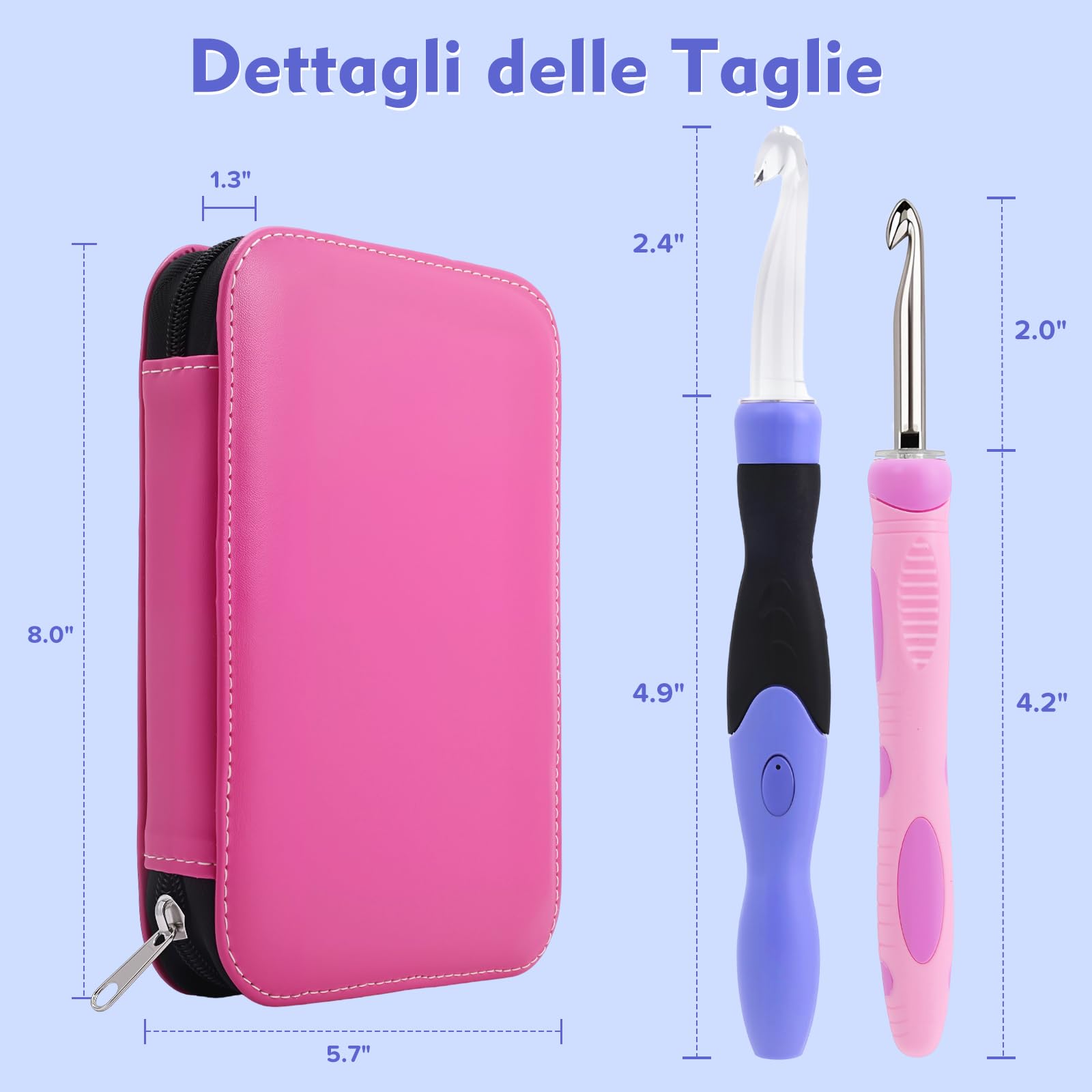 AIYUNDI Set di Uncinetti 18 in 1 con Luce a LED, Uncinetti Ergonomici con Manico di Ricambio e Custodia,per Uncinetto e Lavoro a Maglia,Kit Uncinetto Principianti ed Esperti (2,0-14,0mm)