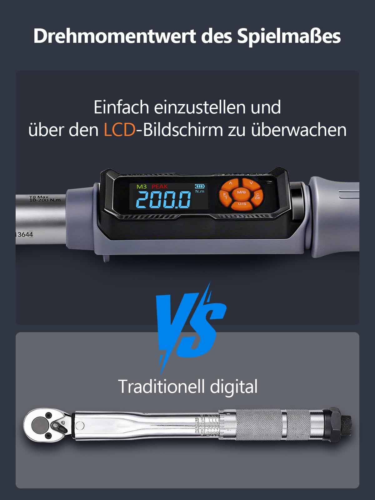 10-200Nm Digitaler Drehmomentschlüssel| 1/2" Antrieb 90-Zahn-Ratschen | Vibrations- LED- & Summeralarm | Mit Adapter & Verlängerung