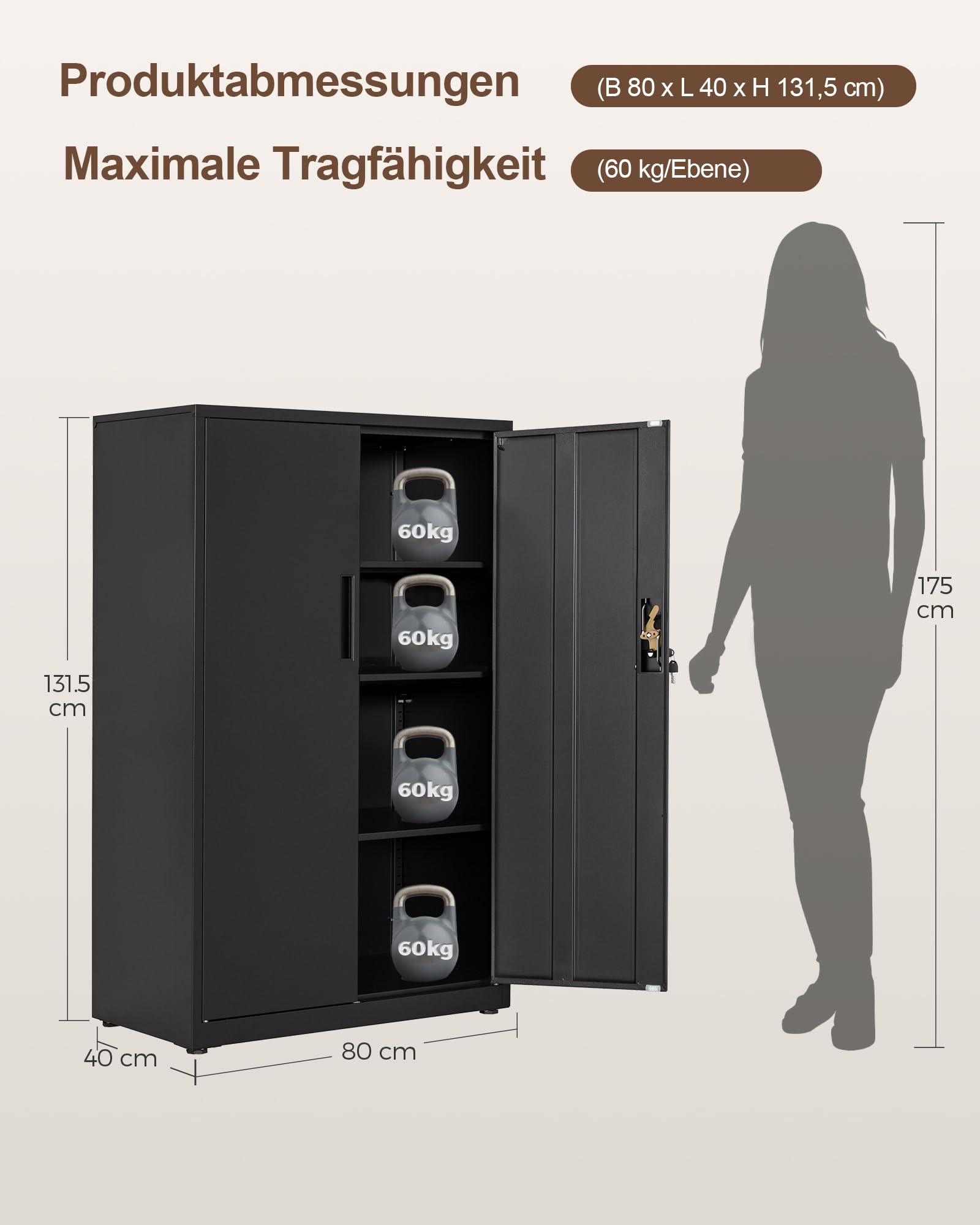 LAND·VOI Stahlschrank 4 Ebenen mit Schloss verstellbare Einlegeböden Doppeltüren Aktenschrank Werkzeugschrank für Büro Garage Haushalt Werkstatt 80x40x131.5 cm Schwarz