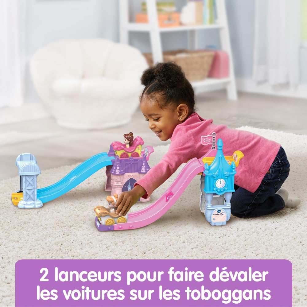 VTech - Tut Tut Bolides Disney Princesses, Le Château-Toboggan Enchanté avec Carrosse de Mariage de Cendrillon, Circuit Voitures, 2 Zones Magiques, Cadeau Enfant de 1 an à 5 Ans - Contenu en Français