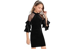 Girl's Velvet Mesh Layered Bell Sleeve Party Dress