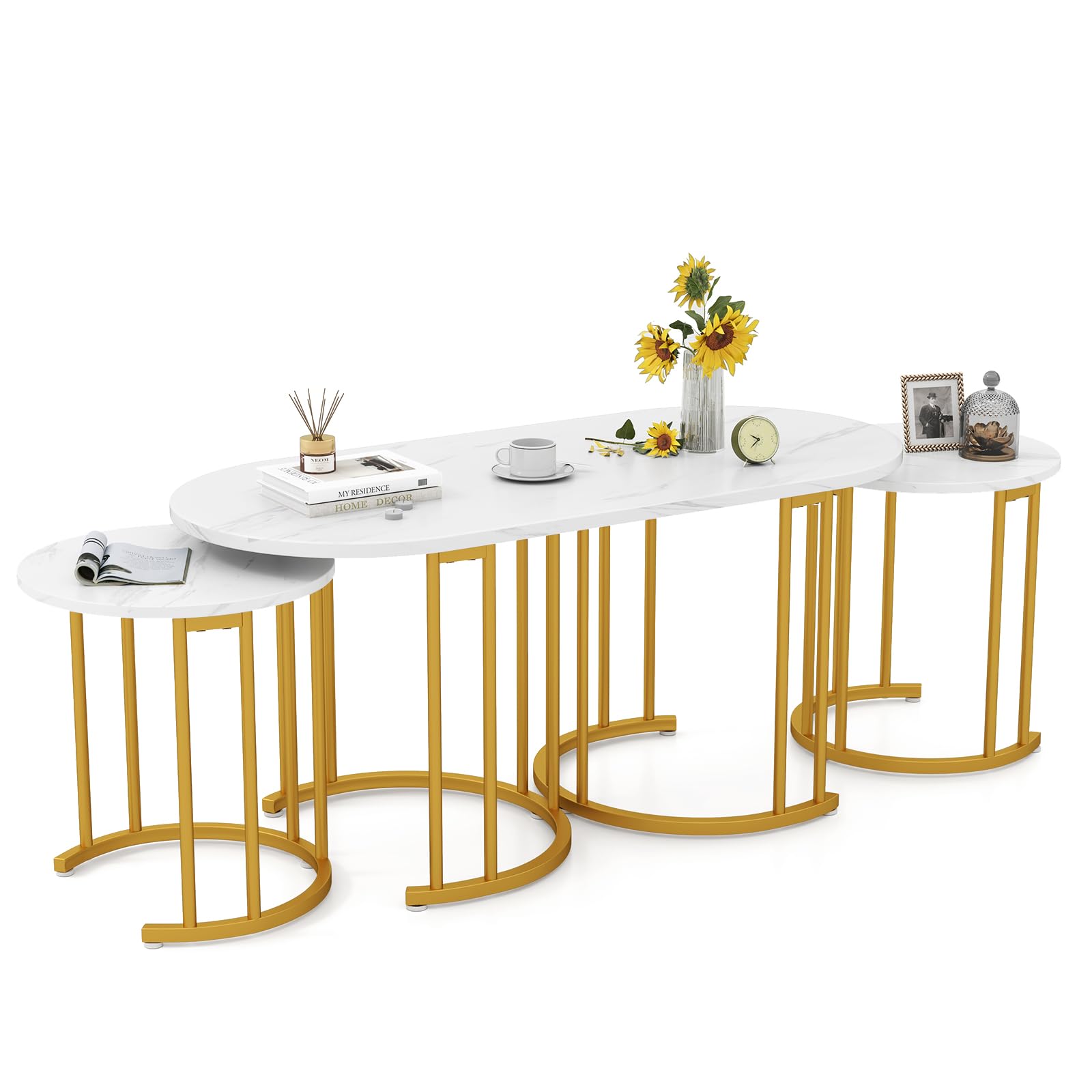 COSTWAY Nesting Coffee Tables Set of 3, Oval and Round (Marble White+Gold) — image 1