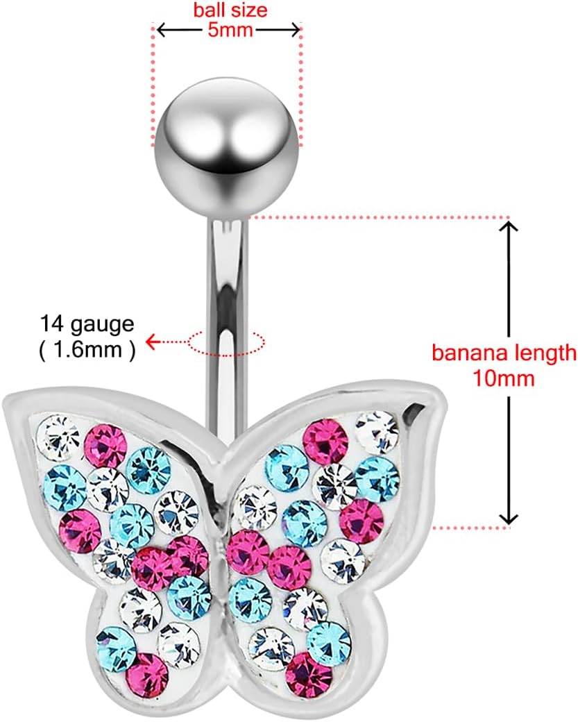 Multi Crystal Gemstones Colorful Cute Butterfly Design 925 Sterling Silver with Stainless Steel Belly Ring - Belly Button jewelry - Navel jewelry