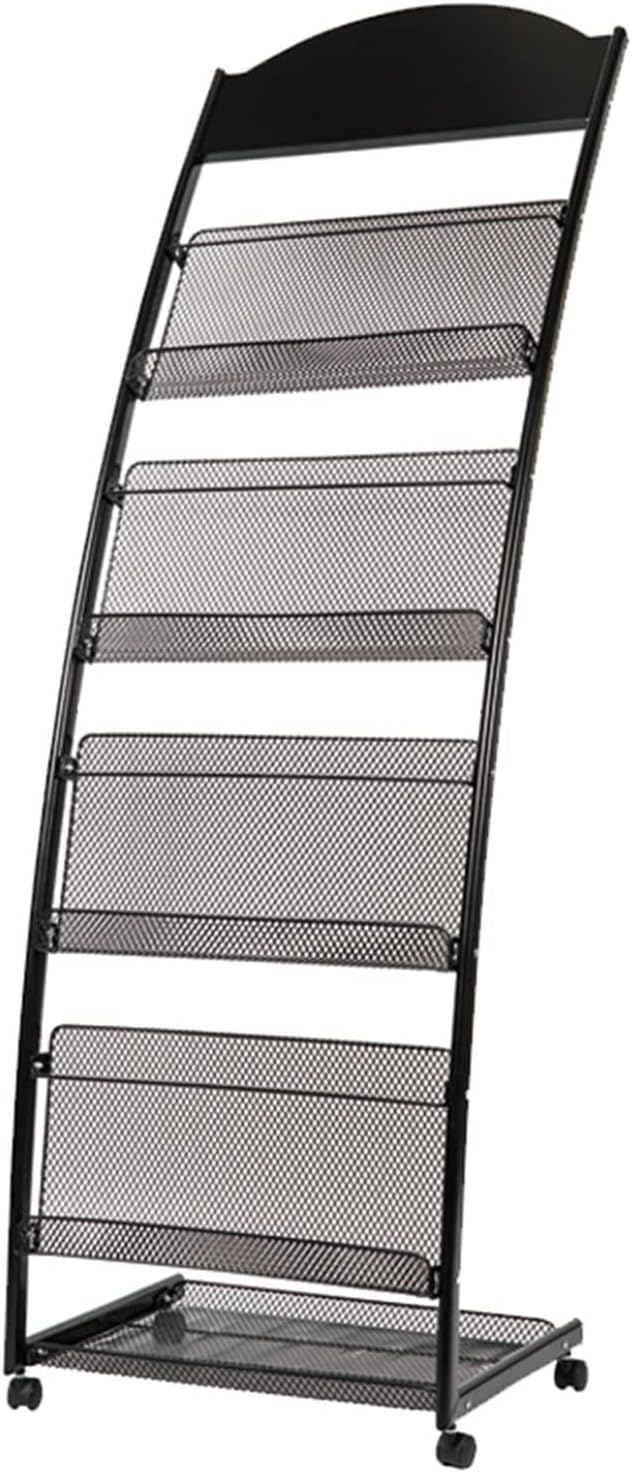 Magazine Rack Brochure Holder with Wheels, Heavy Duty 4-Tier File Organizer, Book Display Stand Floor Standing, Multipurpose Metal Magazine Rack,L，Size M