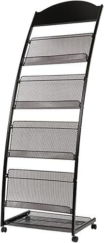 ROYUMI Revistero con ruedas, organizador de archivos de 4 niveles resistente, soporte de exhibición de libros, soporte de pie en el suelo, revistero