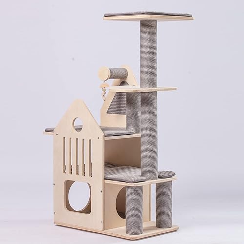Árbol de madera para gatos de interior, torre para gatos con poste rascador y casas para gatos de nivel múltiple, 44.5 pulgadas de alto