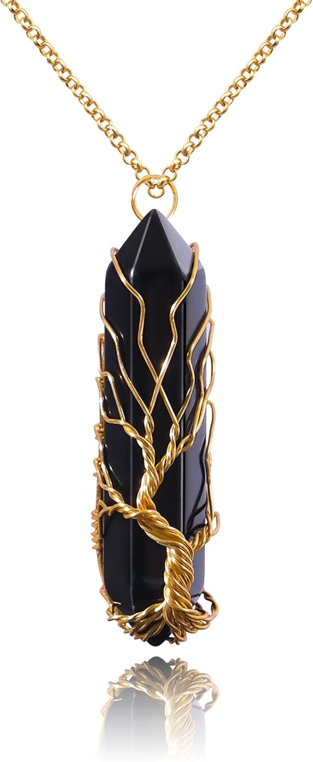 VIBILIA Healing Crystal Necklace Tree of Life Wire Wrapped Natural Stone Point Pendant Necklace Hexagonal Reiki Spiritual Quartz Gemstone Jewelry for Women Men