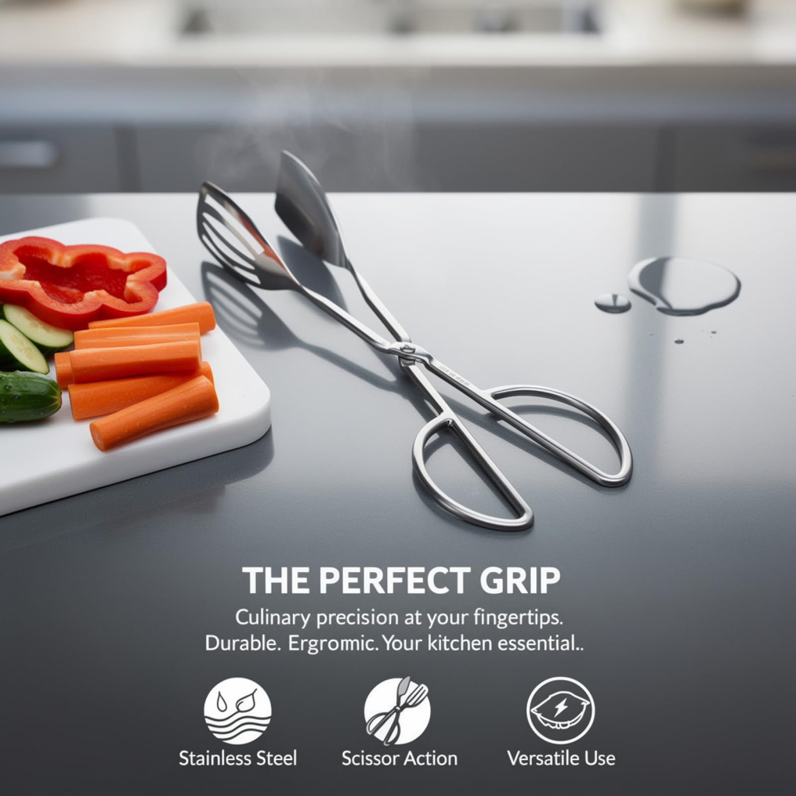 2 pinze da portata in acciaio inox per alimenti, 26 cm, manico a forbice per buffet, con testa a cucchiaio, funzionamento con una sola mano, morsetto aperto, design scanalato, pinze da cucina per uso