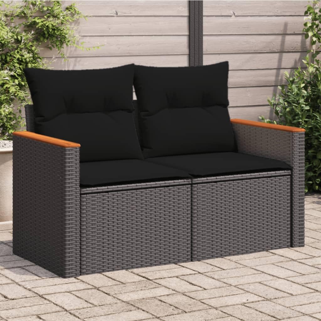 Myheimly Gartensofa mit Kissen 2-Sitzer Schwarz Poly Rattan Schwarz mit Stauraum 3041954de