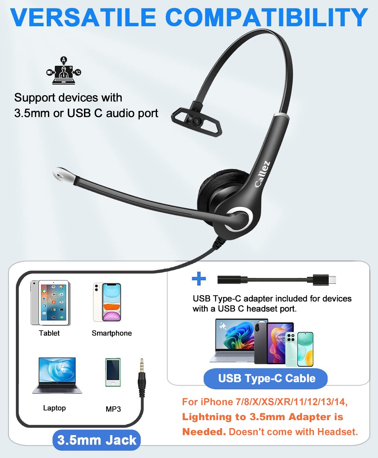 Casque de Téléphone Portable 3,5mm avec Micro Anti-Bruit, Oreillette PC USB-C pour Ordinateur Portable, iPhone Samsung Smartphone, Bureau Professionnel Centre d'appels, Zoom Teams Skype, Chat Claire