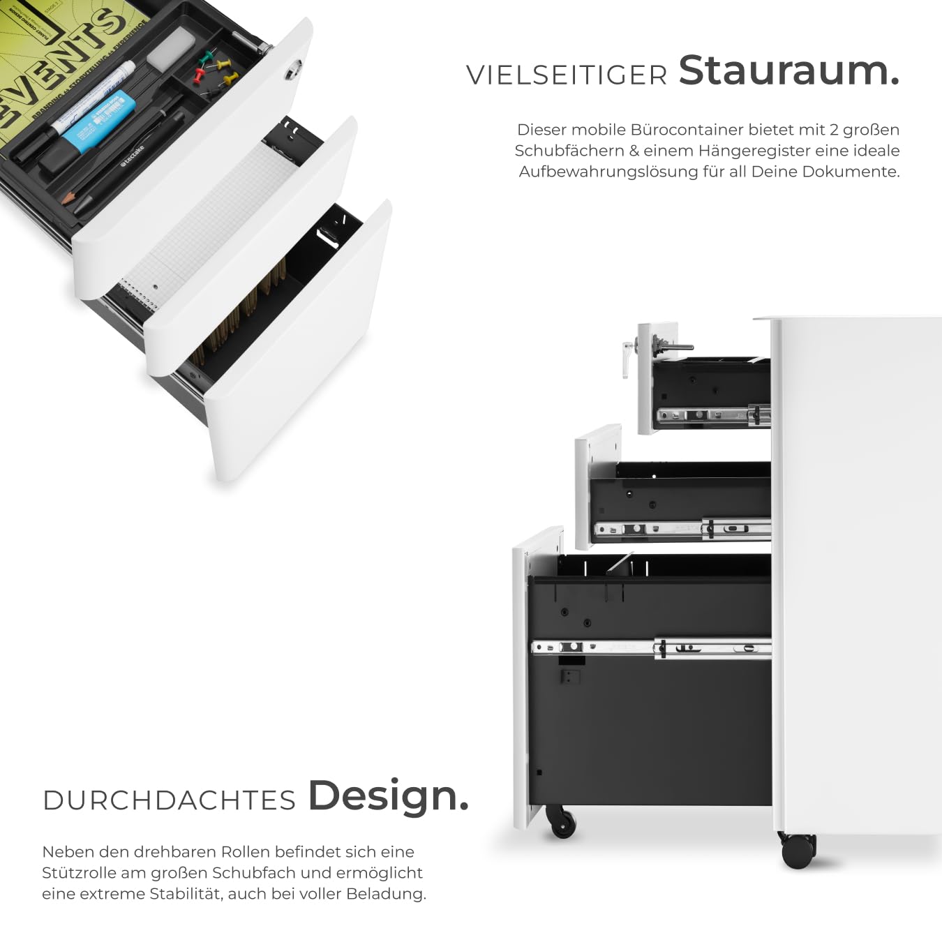 tectake® Büro Metall Aktenschrank mit Rollen, abschließbare Kommode mit Schubladen für Schreibtisch, Rollcontainer, Schubladenschrank, Organzier, Rollwagen Schrank abschließbar (weiß)