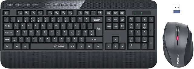 Wireless Keyboard and Mouse Combo, E-YOOSO Cordless Keyboard Mouse, QWERTY UK Layout, 2.4G Full-Sized Ergonomic Keyboard Mouse with Palm Rest, 3-Level 1600 DPI Mouse, Black Keyboard for Computer,Mac