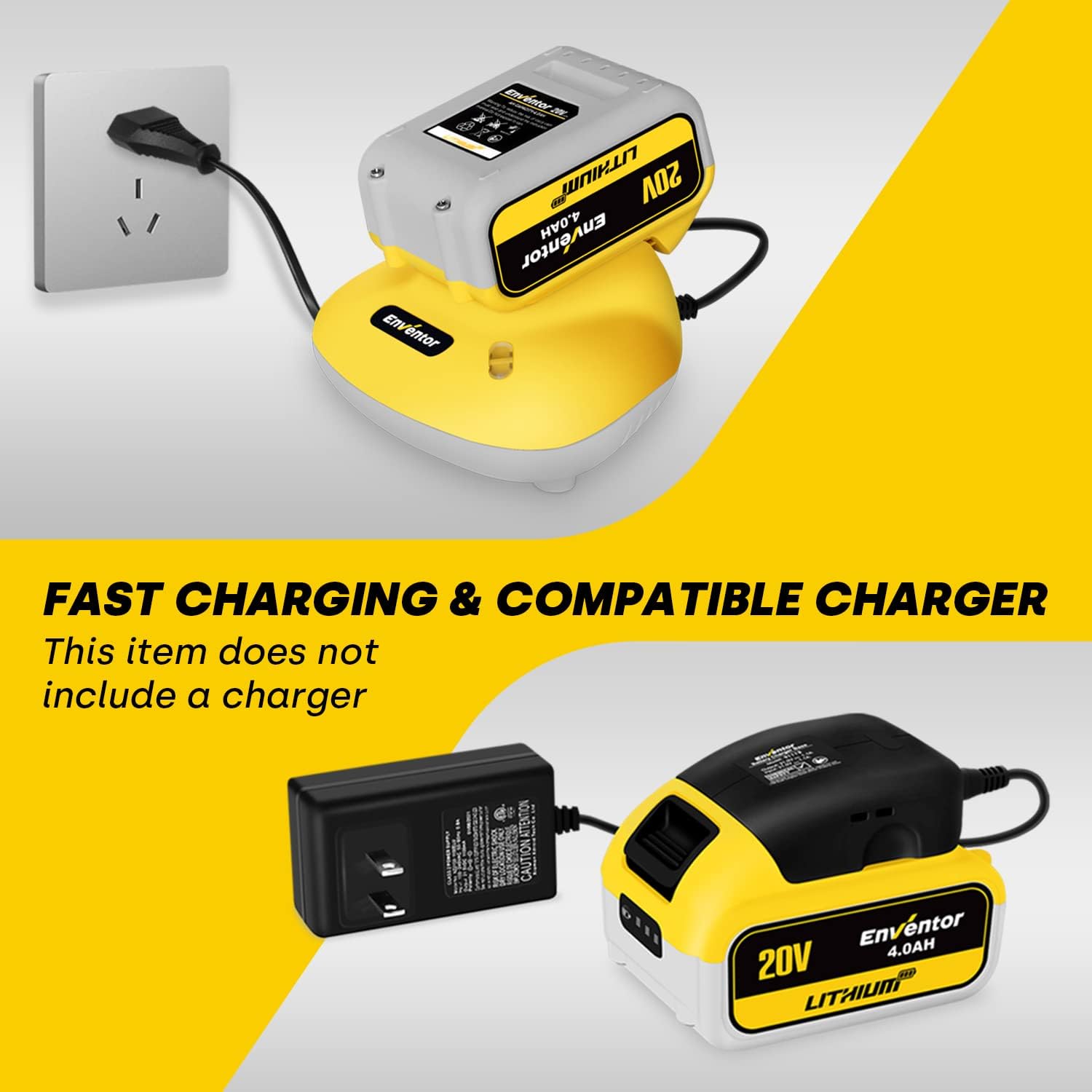 Enventor 20V 4.0Ah Lithium-Ion Battery being charged by a compatible charger