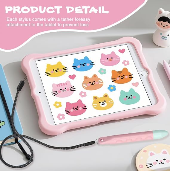 Kid-Friendly Tablet Stylus with Tether, Purple and Pink Kids Pen for iPad, AMZ Fire Kids and Kids Pro, All AMZ Fire Tablets, Samsung/Lenovo/Sufface Tablets, All Touch Screen Devices (Purple + Pink)