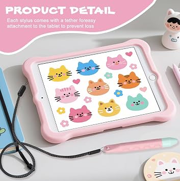 Kid-Friendly Tablet Stylus with Tether, Purple and Pink Kids Pen for iPad, AMZ Fire Kids and Kids Pro, All AMZ Fire Tablets, Samsung/Lenovo/Sufface Tablets, All Touch Screen Devices (Purple + Pink)