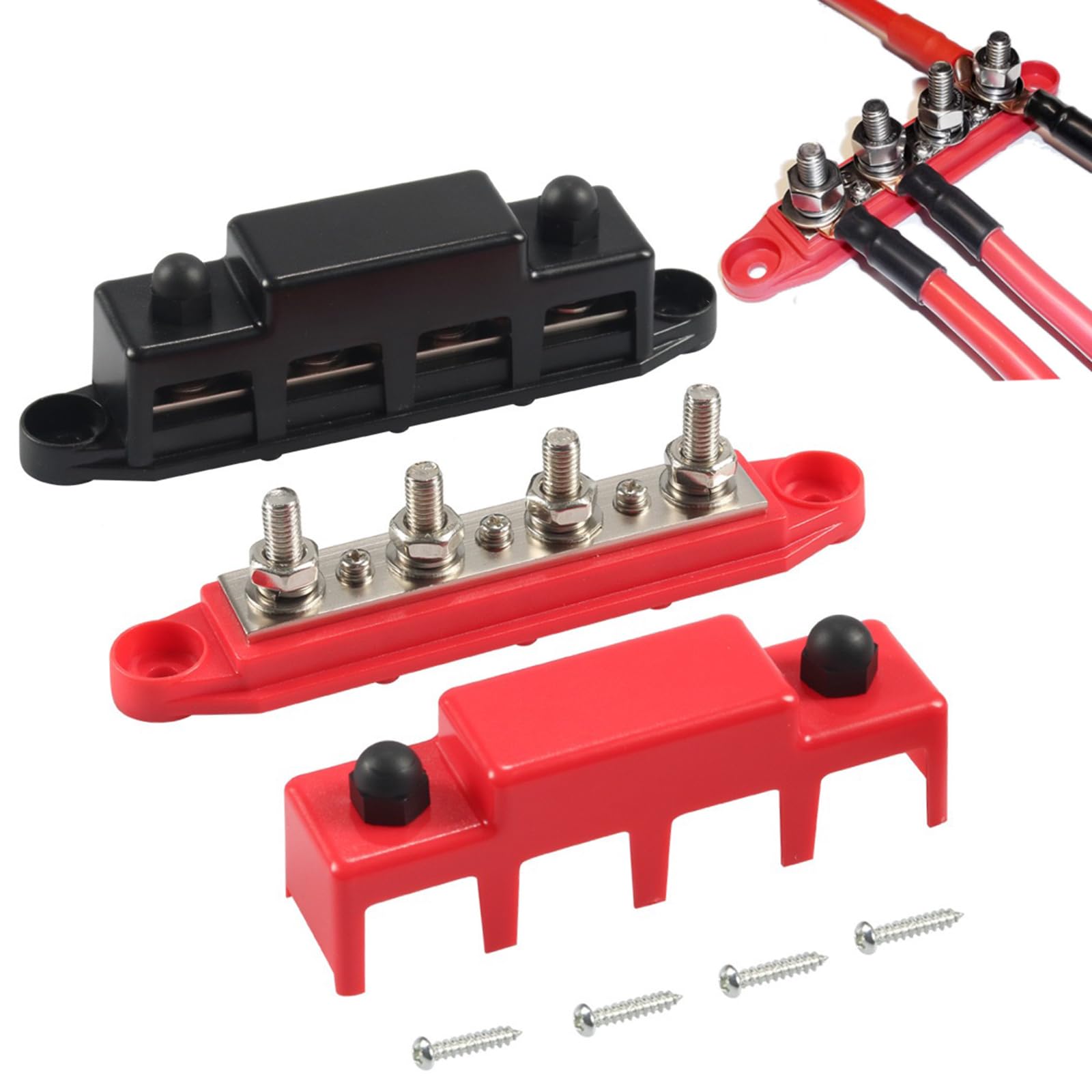 Bloc de distribution d'alimentation Repartiteur pour barre de bus 12 V-48 V DC, 4 bornes M8 (5/16'') 250 A pour voitures, camping-cars, bateaux, yachts (négatif et positif)